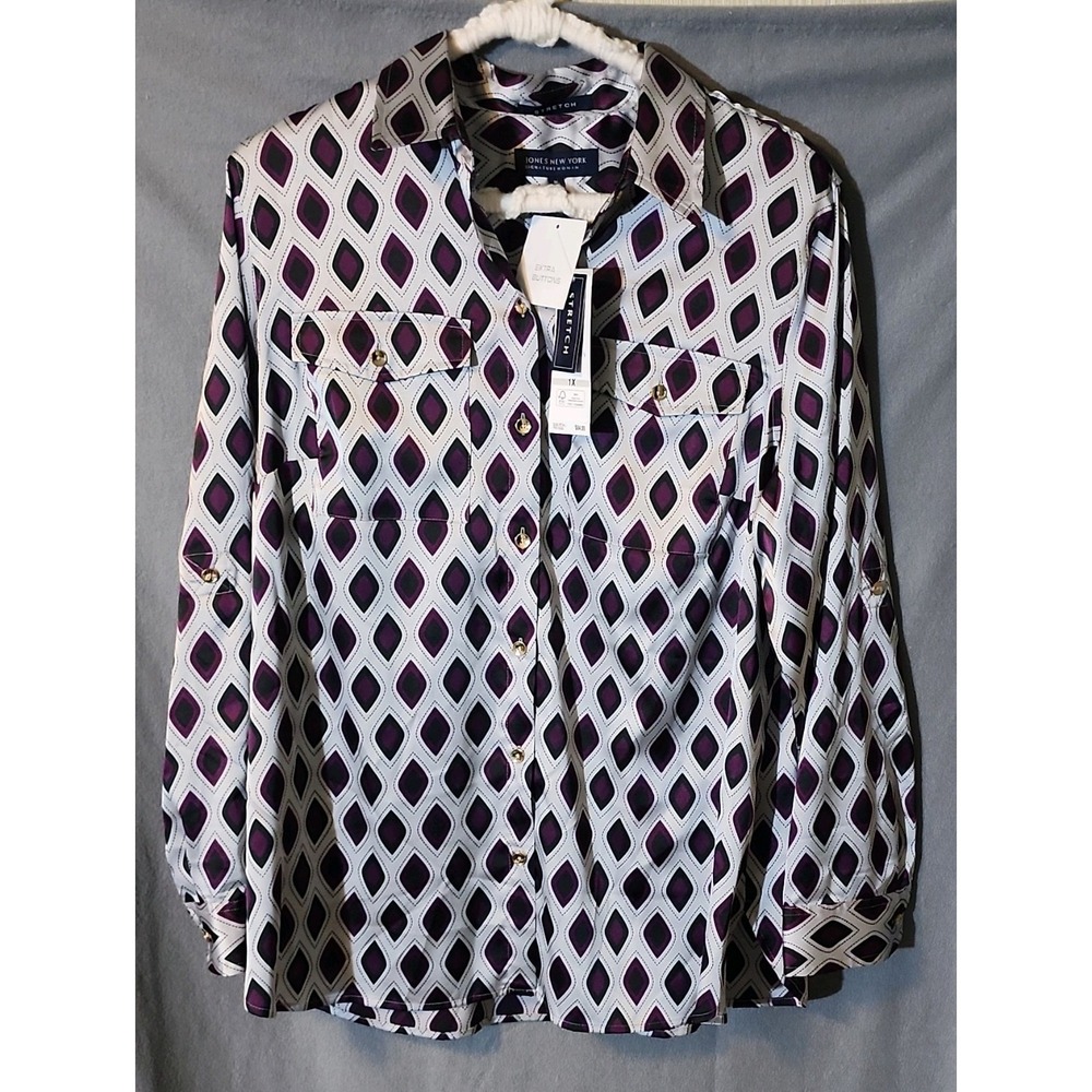 Jones New York Stretch Geometric Button-Down Blouse 1X Purple Black White